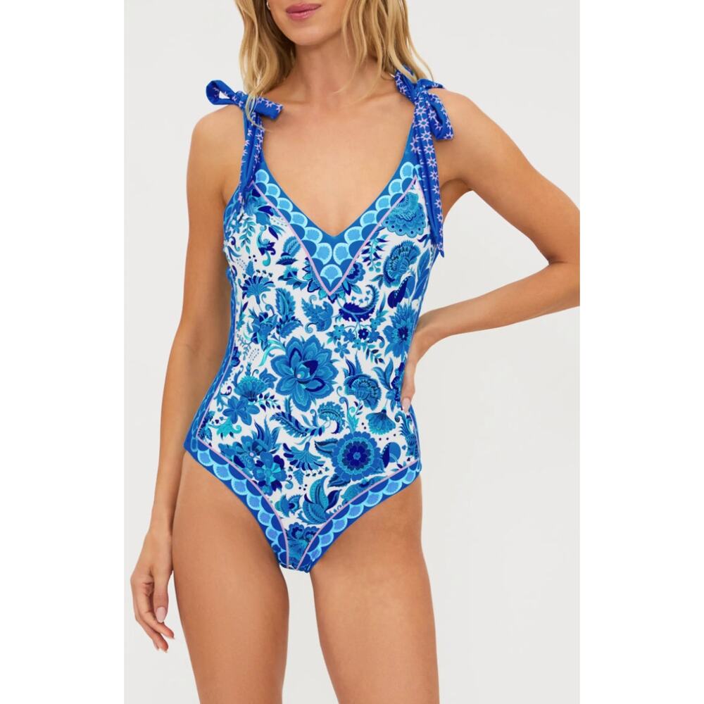 BEACH RIOT Akira Riviera Blue Print One Piece Swimsuit Size Large